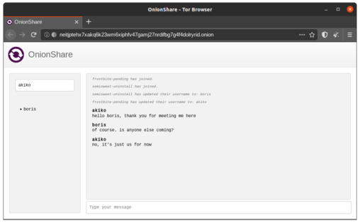 Screenshot of Tor Browser in an OnionShare chat