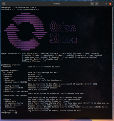 Screenshot of command line version of OnionShare