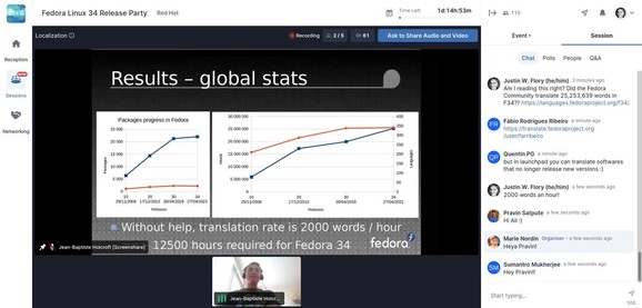 Screenshot from Fedora 34 Release Party in Hopin. Presenter Jean-Baptiste Holcroft shares statistics and metrics about localization efforts in the Fedora Community.