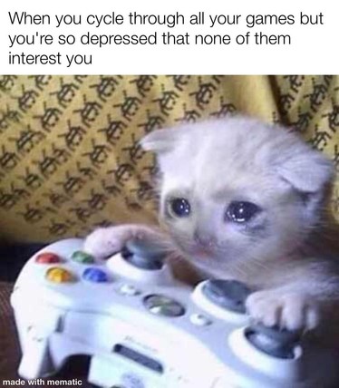 Top Text: When you cycle through all your games but you're so depressed that none of them interest you.

Image: Crying kitten holding an Xbox controller.

Source: https://i.redd.it/q4v4f3g68uf71.jpg