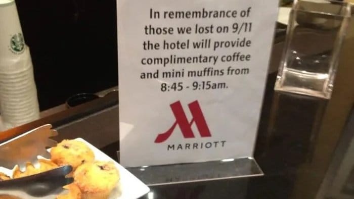 Hotel sign saying half an hour of free coffee and muffins to honour 9/11