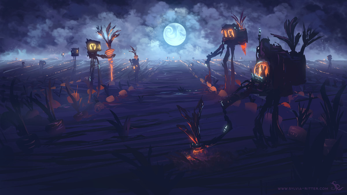 This story is happening on a full moon night on a foggy carrot field. It's harvest season and rabbits are sitting far above the field in their harvesting robots to tackle this task more easily. These are special carrots which can only be harvested every seven years and therefore need special attention.