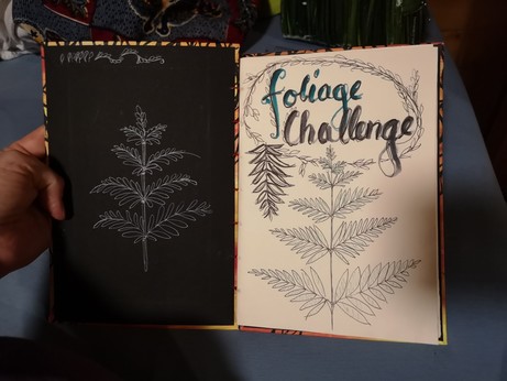 Open book showing a black endpaper on the left with a white leave drawn on, and a white first page with the title foliage challenge and some leavy stuff drawn on. 