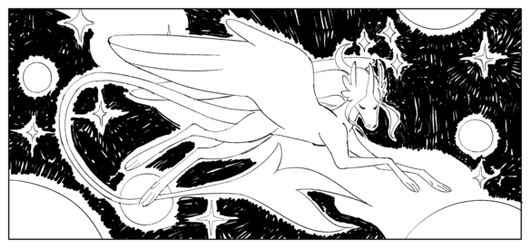 A black and white drawing of Khut looking very much like a unicorn if a unicorn had paws instead of hooves. They also have large wings that look a bit like hands sprouting from their back. They are gracefully leaping through space and surrounded by a nebula, planets, and stars in the background.