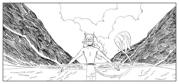 A black and white drawing of Ajo standing in waist high water with her arms outstretched and hands dipped below the surface. Little fish nibble at her fingers. On either side of her are large mountains or hills.
