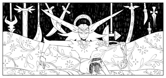A black and white drawing of Conductor Abrak lounging on a large sofa embroidered with filigrees of leaves and flowers. Behind him, on a dark wall, is a collection of weapons, from spears, to swords, to daggers. The half moon of a chakram frames his head.