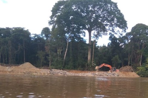 Pelle mécanique creusant la rive. Fleuve au premier plan, forêt en fond.