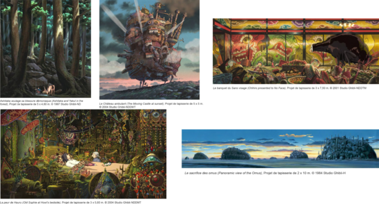 5 dessins de Miyazaki, en ambiance de sous bois (lumière tamisée qui passe entre les arbres), le château ambulant, une scène d'intérieur chargée (panneau très décorés, jaunes, rouges, verts) du voyage de chihiro, une scène d'intérieur du château ambulant, (Hauru étendu sur un lit, dans une chambre très décorée de bibelots suspendus au plafond, posés par terre), et enfin un panorama de crépuscule bleu, avec des silhouettes d'omus, de Nausicäa.