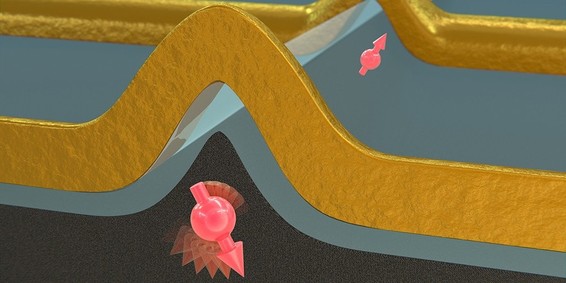 The newly developed qubits are based on so-called holes (red) whose spin (arrow) in one or the other direction stores the information. They are arranged in an architecture based on silicon transistors. (Illustration: NCCR Spin)