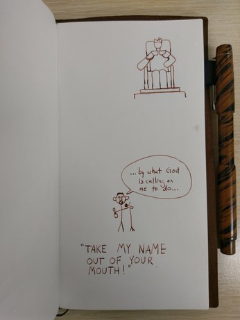 A drawing of God watching Will Smith's acceptance speech where Will Smith is saying "...by what God is calling on me to do...". God interjects by saying, "TAKE MY NAME OUT OF YOUR MOUTH!"