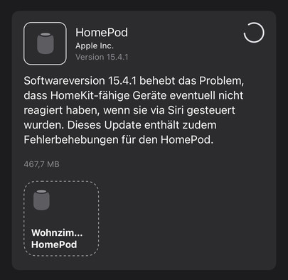 Screenshot des Changelogs: Das Update auf HomePod OS 15.4.1 scheint Probleme mit Siri und HomeKit-fähigen Geräten zu beheben.