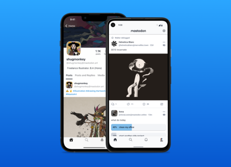 iPhone and Android device frames with screenshots of the iOS and Android Mastodon apps