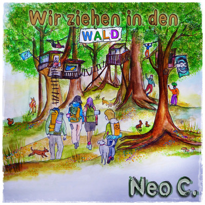 Eine bunte Zeichnung die einen Wald zeigt. Einge Menschen, mit Rucksäcken beladen wandern in den grünen Wald in dem auch einige Tiere umherstehen. EIn Reh, ein paar Hasen und ein Eichhörnchen. Im Wald gibt es bunte Baumhäuser mit Transparenten und fröhlichen Menschen. Im Wald laufen ein paar Hunde umher und schnüffeln oder spielen. Im oberen Bereich der Baumkronen steht der Titel des Liedes "Wir ziehen in den Wald"