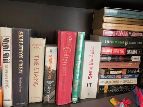 Stephen King books on a bookcase; Night Shift, Skeleton Crew, The Stand, Different Seasons, The Talisman, The Eyes of the Dragon, It, Salem’s Lot, Needful Things, The Gunslinger.