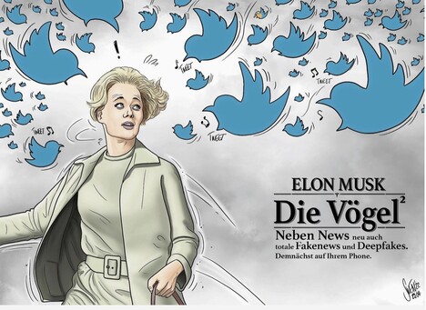 Twitter-Vögel jagen eine Frau wie bei „Die Vögel“ von Alfred Hitchcock.