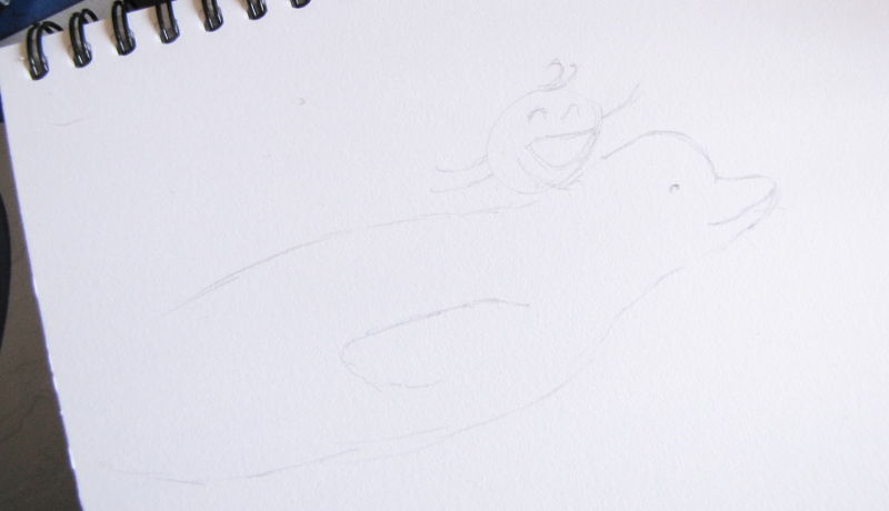 A very crude unfinished pencil sketch of a pea person riding a beluga