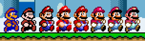 Des sprites de Super Mario Bros 2 (USA), 3, World et des fichiers fuités du développement de World, mis bout à bout pour illustrer leur évolution