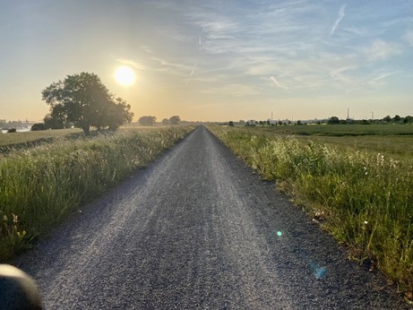 Schotterten über den Rheindeich bei Krefeld in der Abendsonne