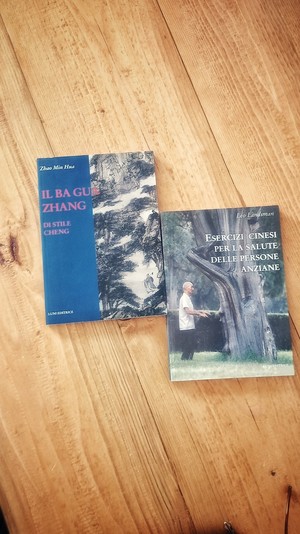 Due libri sopra in tavolo in legno.
"Il Baguazhang di stile Chen" di Zhao Min Hua e "Esercizi cinesi per la salute delle persone anziane" di Leo Landsman (Luni Editrice)