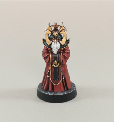 Image is of a 28mm miniature of Baron Sukumvit, who challenges adventurers to beat his Trial of Champions, known also as Deathtrap Dungeon