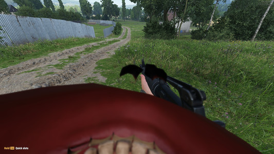 view in the first person shooter game is glitched in a way that it's obstructed by parts of the player's external model. jaw and nostrils visible from the inside.