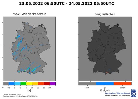 Die Abbildung enthält zwei Deutschlandkarten. Auf der linken Karte sind die Wiederkehrzeiten für die Niederschlagsereignisse gezeigt. Wiederkehrzeiten von hundert Jahren traten in Süddeutschland an den Alpen auf. Die rechte Karte zeigt die Flächen, in denen die Niederschlagsmengen die Warnstufe drei des DWD überschritten haben. Diese liegen in Süd-Bayern.