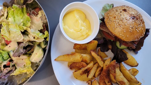 Auf einem Teller liegt ein Burger mit SchweinefleischstÃ¼cken, daneben ofengebackene Kartoffelschnitze und ein SchÃ¤lchen gelbe Mayo, auÃŸerdem ist eine SchÃ¼ssel mit gemischtem Salat zu sehen. 