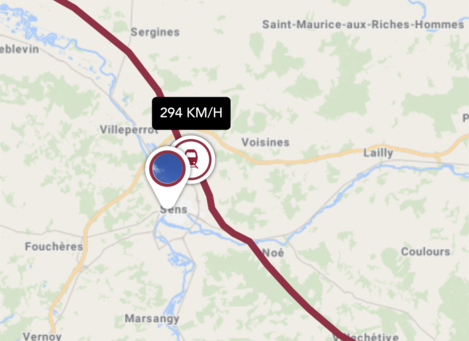 A map of France showing the train line at 294 KM/H