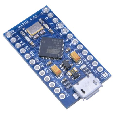 An arduino pro micro board is shown. It's a little circuit board about half the size of a stick of gum.