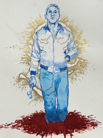 watercolor and ink illiustration of ryan gosling from the movie "drive". the character from the film is painted in tones of blue with a white background. one hand is in his jacket, the other holding a hammer. there is a golden silhouette of the iconic scorpion emblem that appears on his jacket superimposed on top of the figure, with golden splatters of paint around the outside. at the character's feet i a pool of dark red paint scattered around, resembling blood.