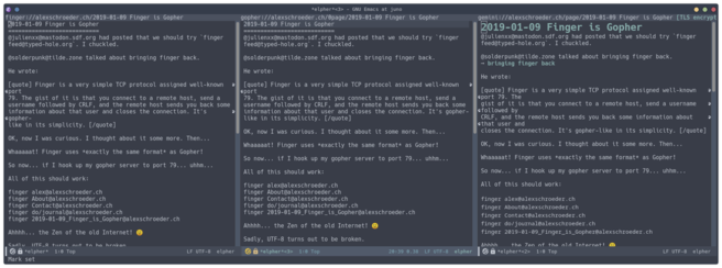 An Emacs buffer showing three buffers split horizontally. All of them are showing the elpher browser with the same page, but loaded with different protocols. The left buffer used finger, the middle one used gopher, and the right one used gemini.
