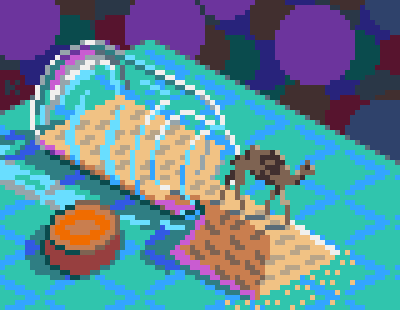 Miniature pixel art of a camel leaving an overturned bottle which spilled desert sand on a table. 