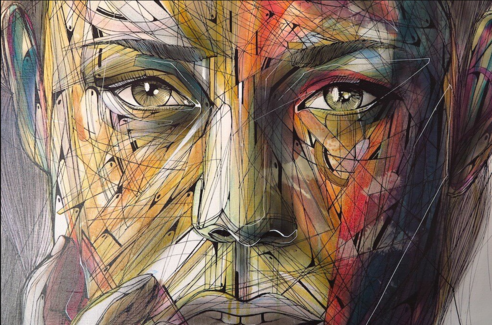 A portrait of an androgynous cut-out of a face, green eyes, the right half is mainly composed of green-yellow unsymmetrical colour fields. The left half is composed of orange-red to violet fields. Above this are fine black lines and arches. Some small fields resulting from the overlapping of the strokes are painted in black. In the right half of the face, 2 fingers are depicted as if the person were resting the chin on the hand.
