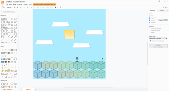 a drawing of "minecraft" scene in diagram editor containing clouds, sun, blocks and a player looking like kids sketch.