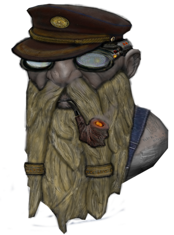 Sniogri the eccentric Dwarf has a matted, tangled, dirty blonde beard and also smokes a hand-carved pipe. He tops it off with handmade analyser goggles and an old Empyraen Navy cap