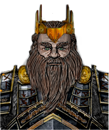 The Carrig of the Dwarves who is, categorically, not a king, the armour and crown are because humans seem to expect those things...