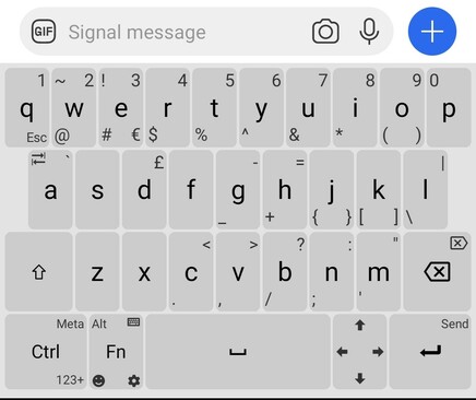 Screenshot of Unexpected keyboard. It closely resembles the layout one would expect on a computer keyboard. The characters reached via Shift key are in the corners and can be reached by swiping on the key in their direction. Also has dev needed keys like Esc, Tab, Meta.