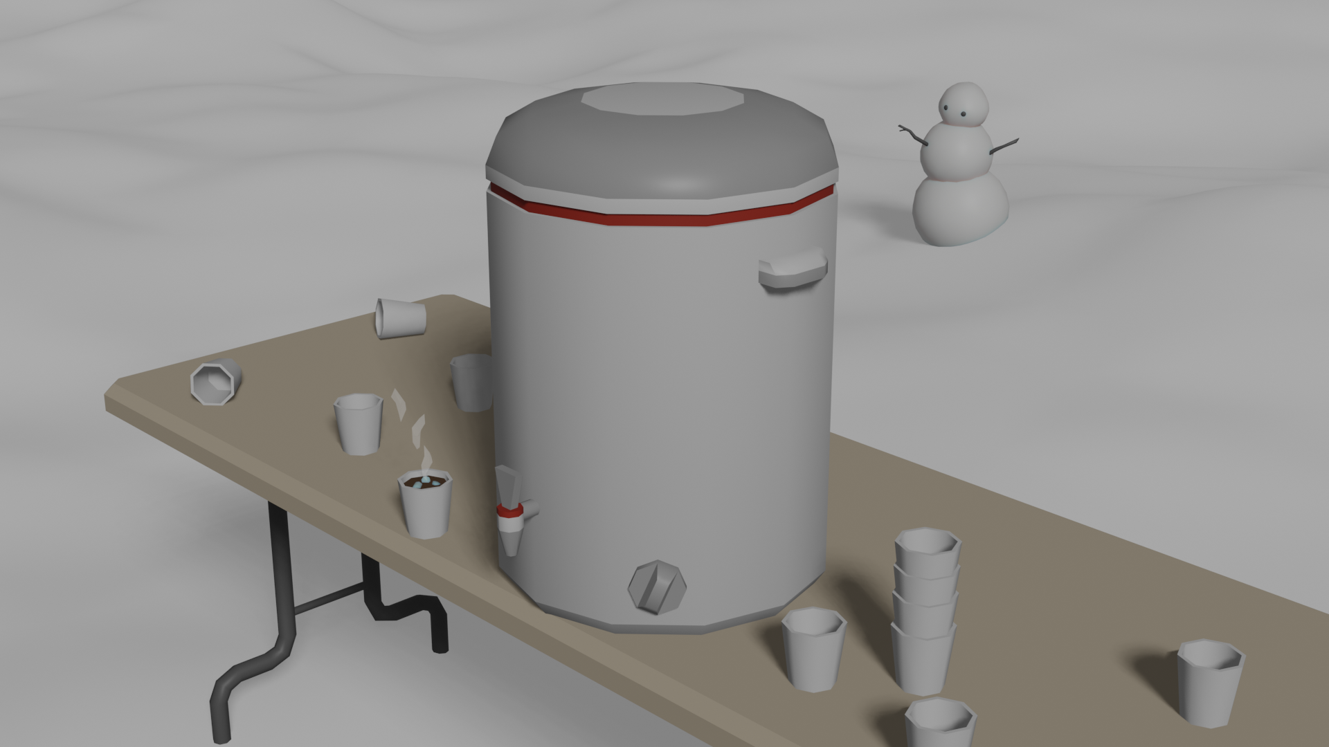 A low poly hot water urn sitting on a folding table along with styrofoam cups. One of the cups is filled with hot chocolate and marshmallows. The table is sitting on some now, and a little snowman stands in the background.