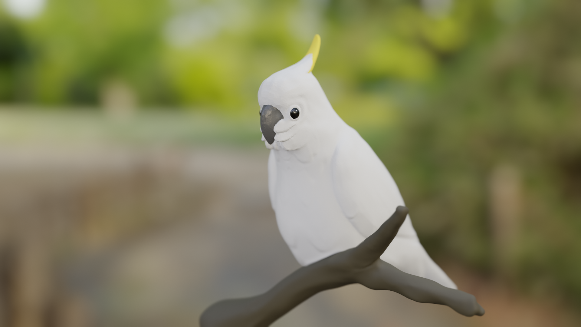 A render of a 3D sculpt of a sulfur crested cockatoo standing on a branch