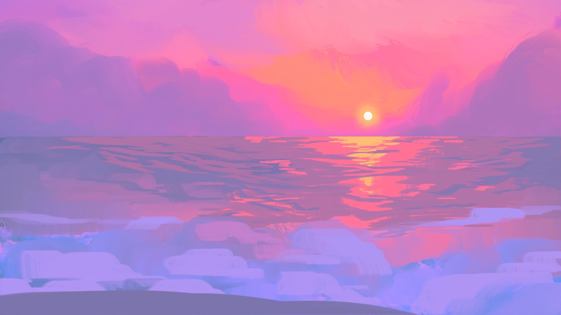 A digital art of a bright yellow sun in the pink clouds under the orange sky, above the relaxed beach