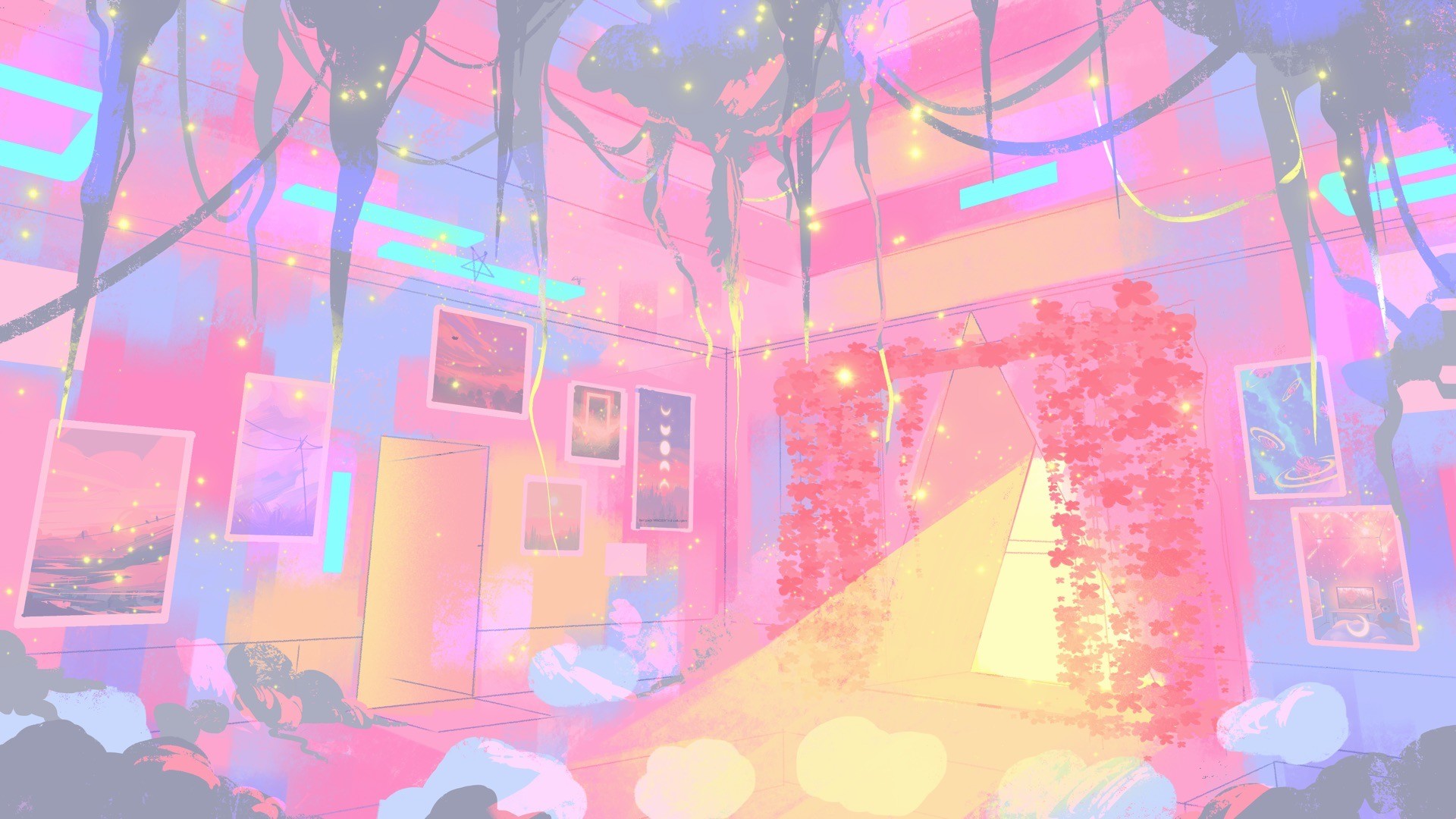 A digital art of a brightly colored pink room with prints on the walls, a door to the left, and a triangle window to the right, the walls are covered with other paintings with foliage and sparkles everywhere 