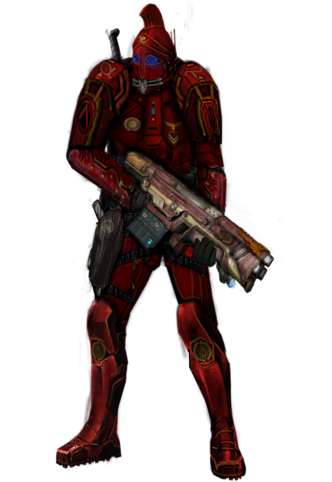 Epibatoi Impact Armour; the best protection an unmodified human can find. Worn with a body-glove similar to the one Kalshodar use, it makes the wearer quicker and stronger as well as providing excellent protection. It carries no Reflex Field protection but, for standard humans, adding that would make the suit too heavy.
