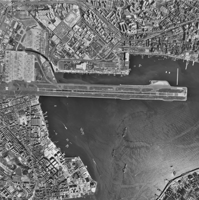 An aerial view of the Kai Tak runway (1986)