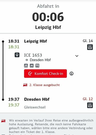 Screenshot des DB Navigators mit der Verbindung: ICE 1653 von Leipzig nach Dresden. "2. Klasse ausgebucht"