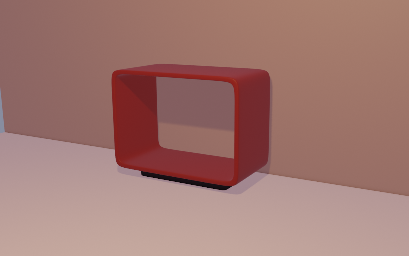 A model of a red acrylic free standing loop shelf