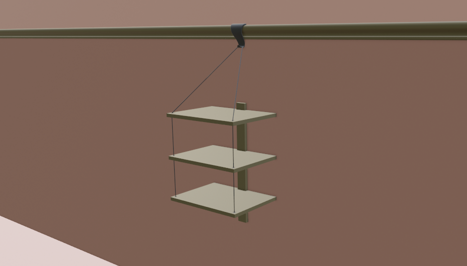 A model of a hanging shelf with three rails, suspended by wire with a single rail at the back providing stability