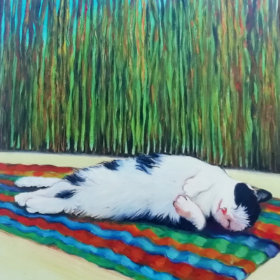 Colorful painting of a cat sleeping on a terrace.