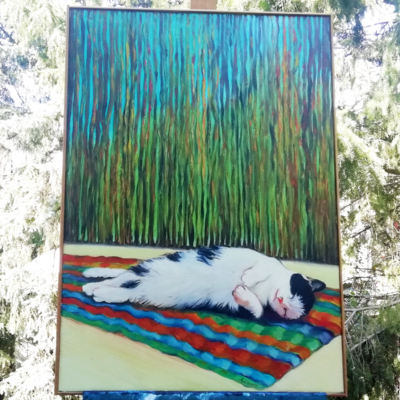 Colorful painting of a cat sleeping on a terrace.