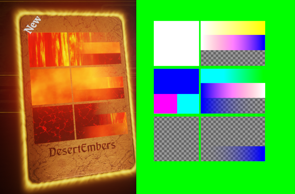 Left: screenshot of a Brimstone Hand of Fate 2 card with a test pattern showing the flowing lava, glowing clouds, and cracked ink effects and how to transition between each. Right: A screenshot of the image that generates that card