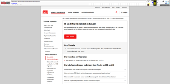 Alte Bahn.de Unterseite mit Streckennetz und Infos zu den Nacht IC/ICEs von Juni 2022
